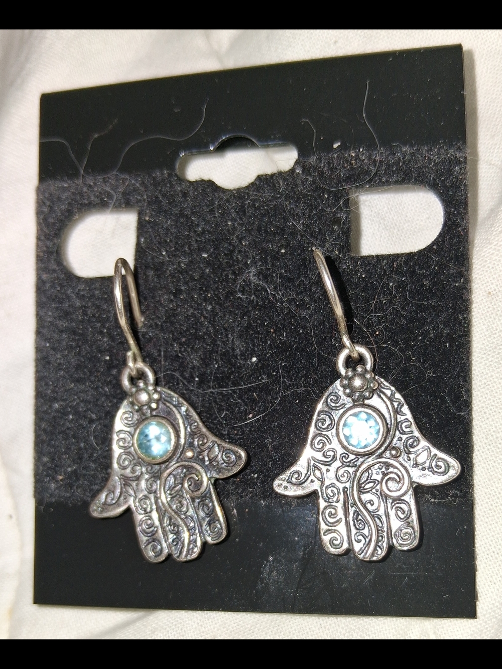 925 Silver Hamsa Hand Drop Earrings with Topaz Blue Stone by Passage to Isreal